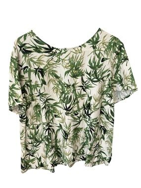New J. Jill Bamboo Print Linen Blend Top Women’s XL Cream & Green Vacation